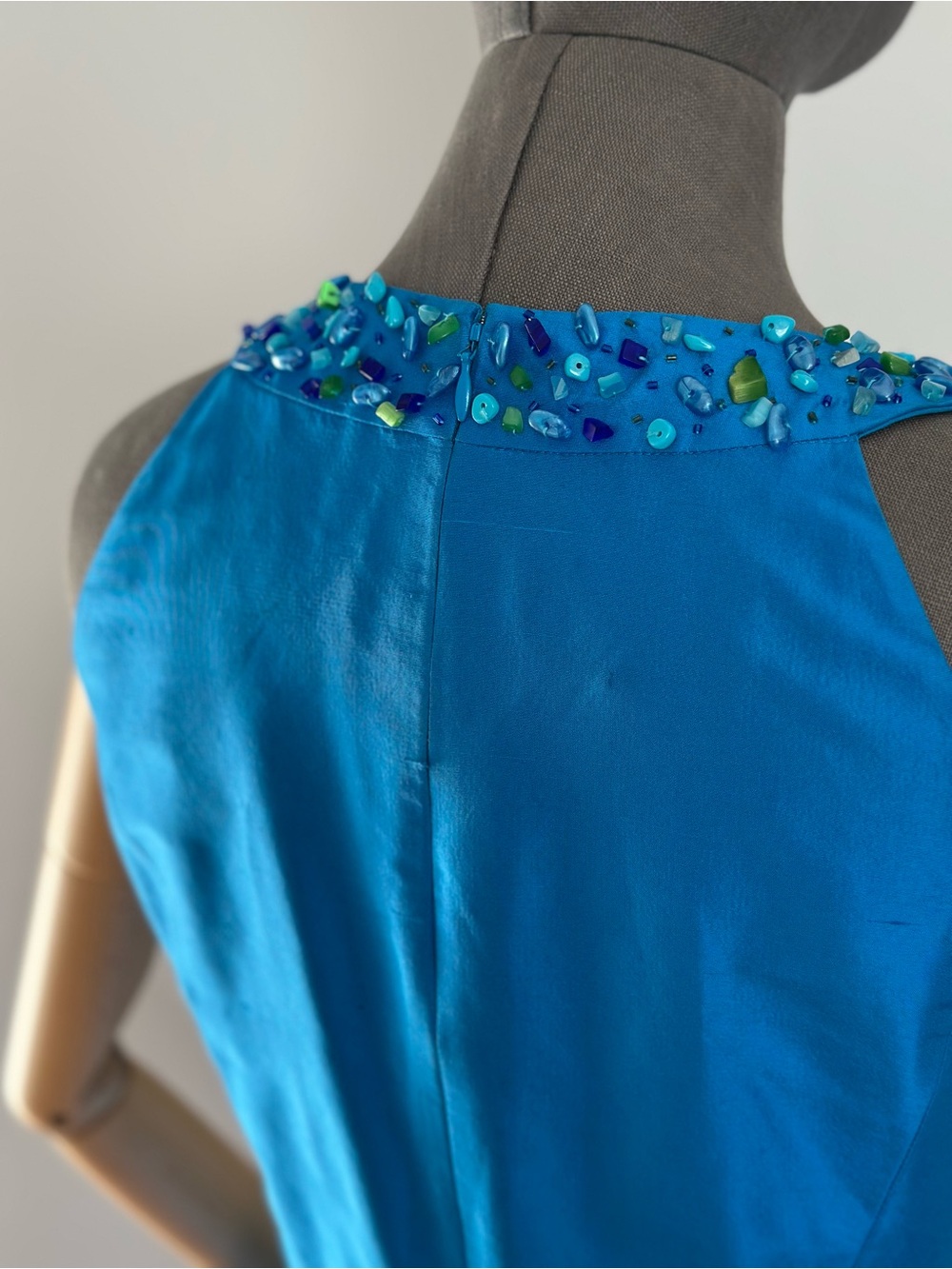 Silk Turquoise Sleeveless Beaded Dress Tulip Skirt - Picture 12 of 17